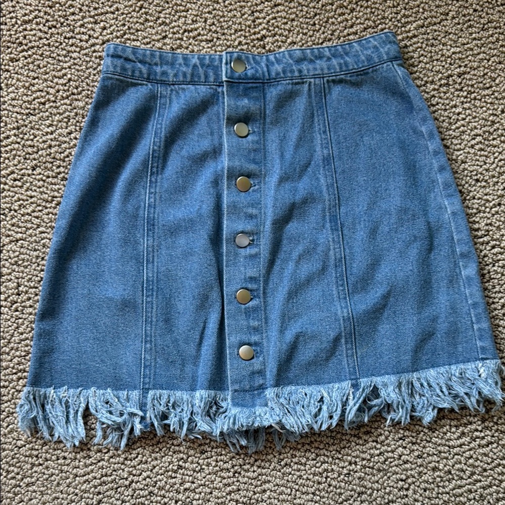 Denim Button-Front Fringe Skirt